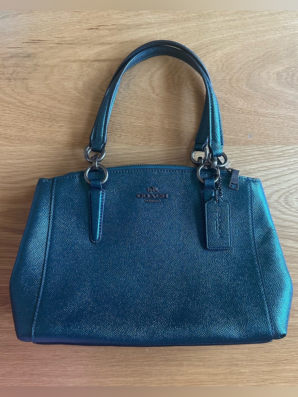 Coach Metallic Teal Leather Double Zip Satchel Handbag